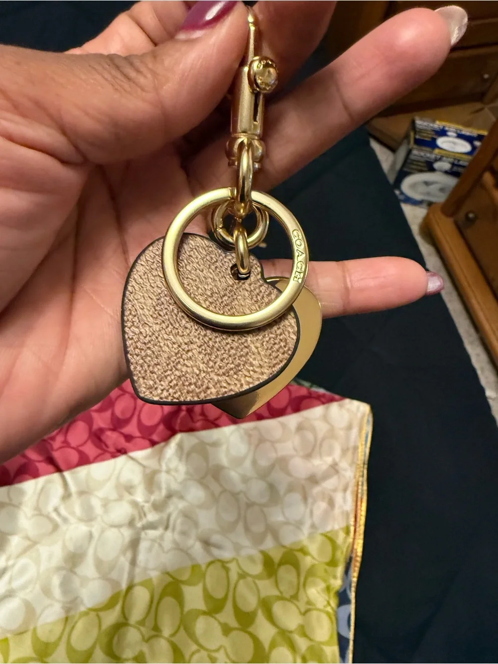 Coach Hearts Key Ring in Signature Canvas – Gold Tone Double Heart Bag Charm